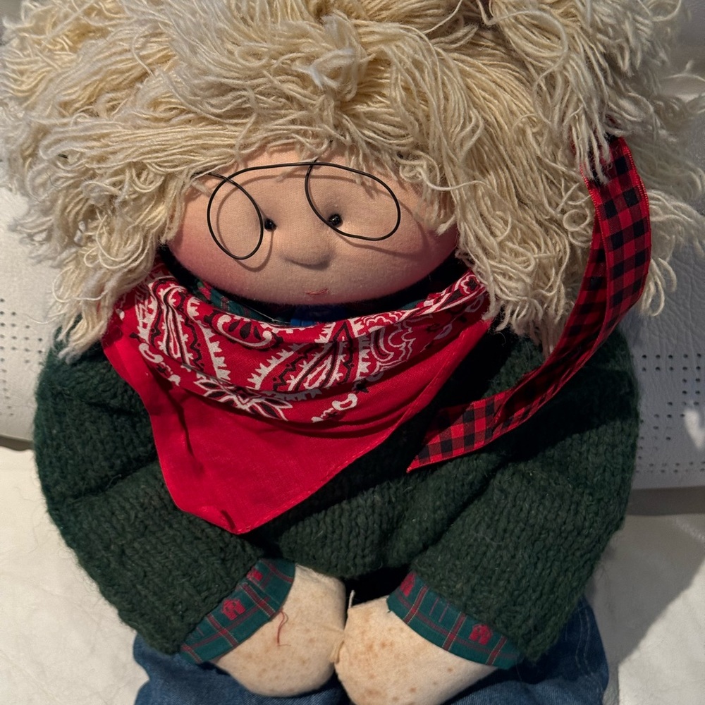 Charming Stuffed Doll with Red Bandana and Green Outfit